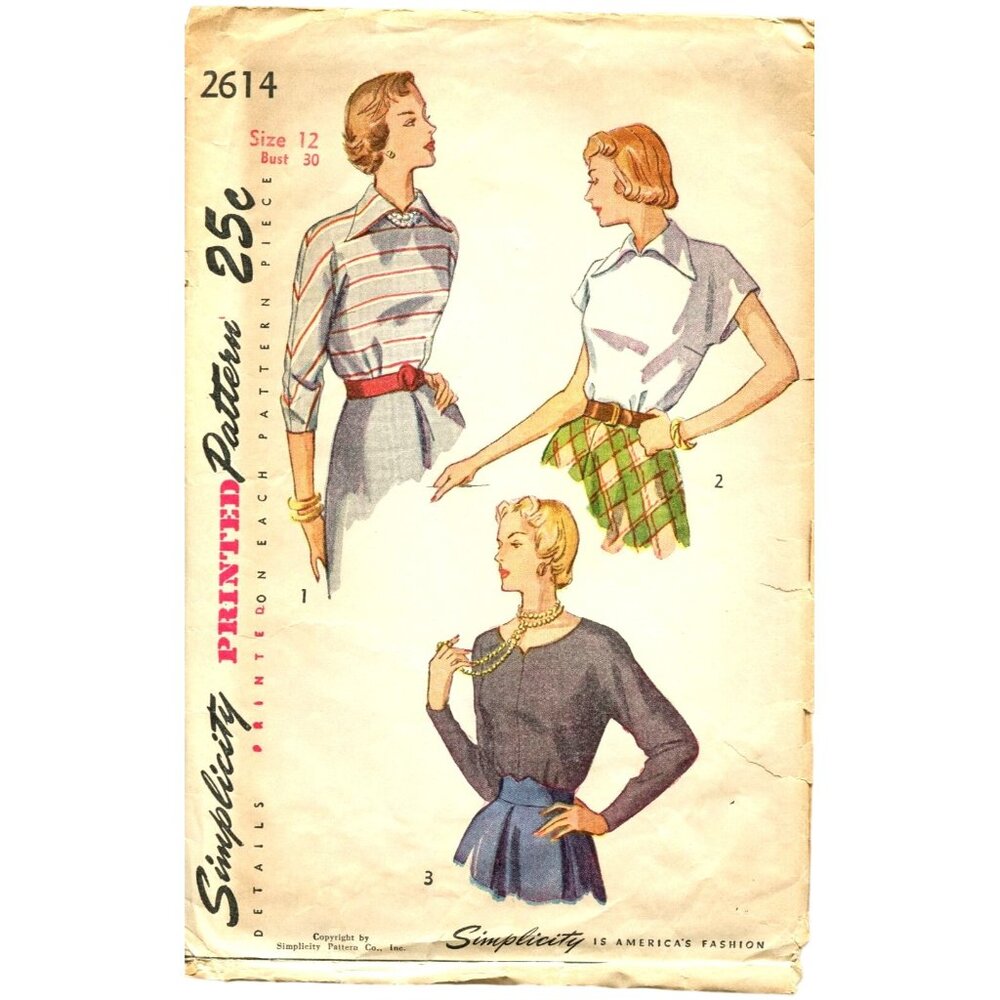 Simplicity 2614 Vintage 1940s Sewing Pattern Womens Blouse 3 Styles Size 12 Bust